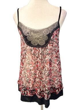 Sheer Y2K Black & red poppies floral lace babydoll style camisole Size Medium